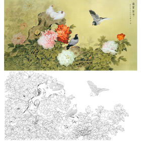 横幅四尺六尺工笔花鸟白描底稿-周中耀-牡丹鸽子《富贵和平》-A065