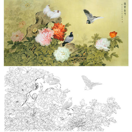 横幅四尺六尺工笔花鸟白描底稿-周中耀-牡丹鸽子《富贵和平》-A065 商品图0
