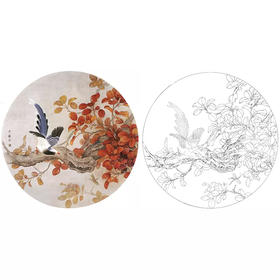 工笔花鸟白描底稿-周中耀红叶小品《不知多少秋声》-多种白描尺寸可选-A405