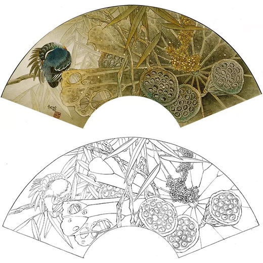 工笔花鸟白描底稿莲蓬扇面小品a358