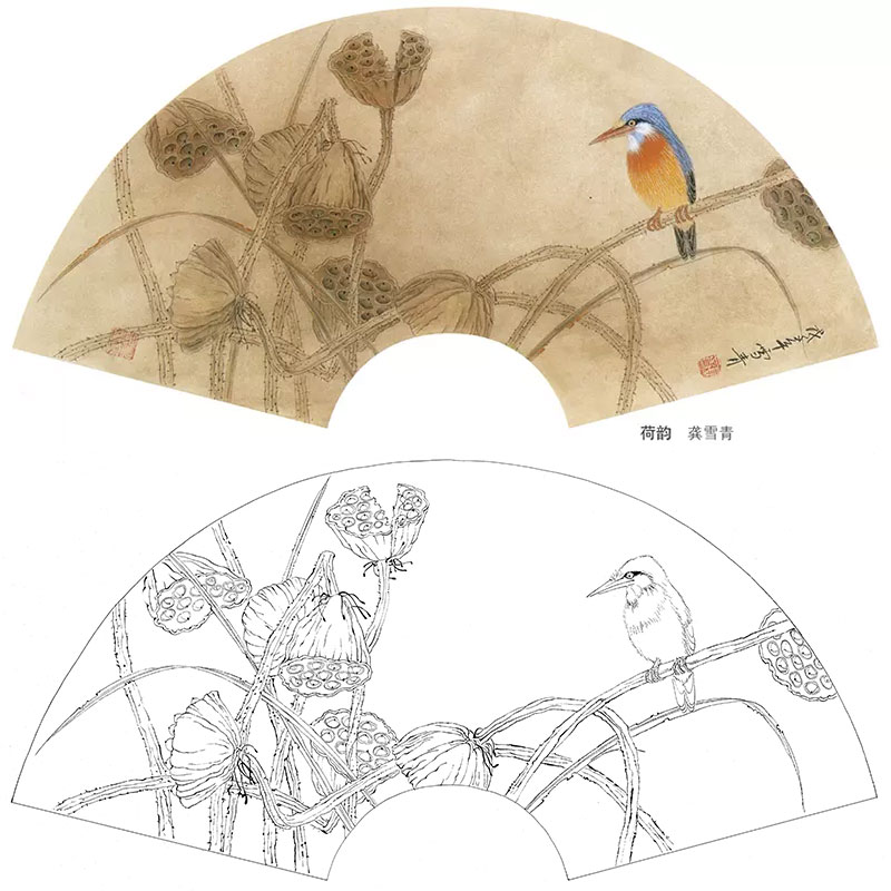 工笔花鸟白描底稿-荷花扇面小品《荷韵》-多种白描尺寸可选-A367