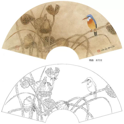工笔花鸟白描底稿-荷花扇面小品《荷韵》-多种白描尺寸可选-A367 商品图0