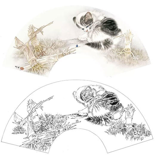 工笔花鸟白描底稿-米春茂-猫咪扇面小品-A365 商品图0