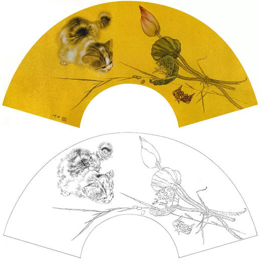 工笔花鸟动物白描底稿-米春茂-猫咪扇面小品-A355 商品图0