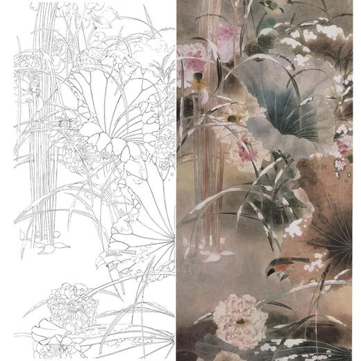 竖幅四尺六尺工笔花鸟白描底稿贾广健荷花a071