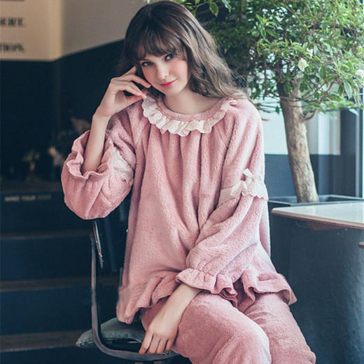 【睡衣女】冬天加厚珊瑚绒睡衣女长袖保暖法兰绒公主毛绒甜美可爱家居服套装 商品图0