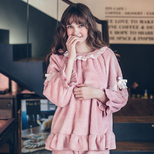 【睡衣女】冬天加厚珊瑚绒睡衣女长袖保暖法兰绒公主毛绒甜美可爱家居服套装 商品图1