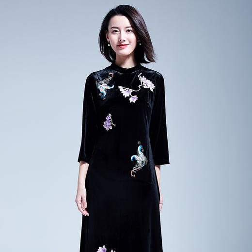 （永久下架2.1）中国风丝绒绣花连衣裙YFN17077黑 商品图0