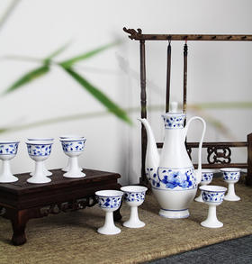 景德镇陶瓷 国瓷红叶 11头手绘青花酒具--花满园