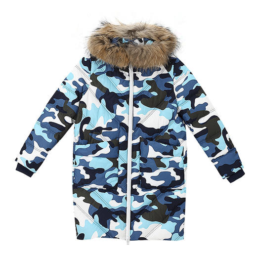 初语迷彩大毛领羽绒服女中长款连帽时尚保暖外套8640922014