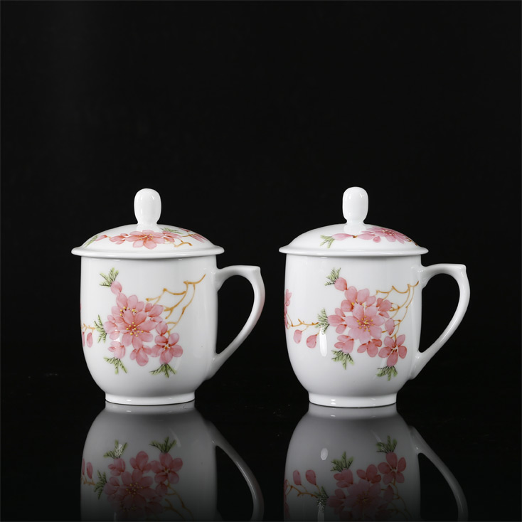 景德镇陶瓷 国瓷红叶 水点桃花对杯