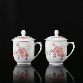 景德镇陶瓷 国瓷红叶 水点桃花对杯