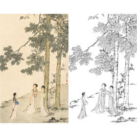陈少梅竖幅工笔传统仕女人物白描底稿-梧桐仕女图-多种白描尺寸可选-CR09