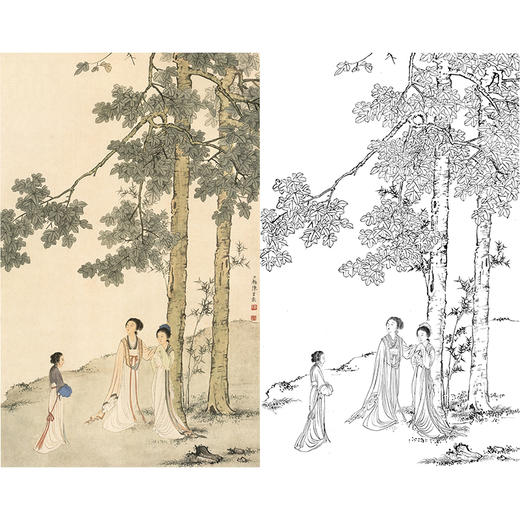 陈少梅竖幅工笔传统仕女人物白描底稿-梧桐仕女图-多种白描尺寸可选-CR09 商品图0