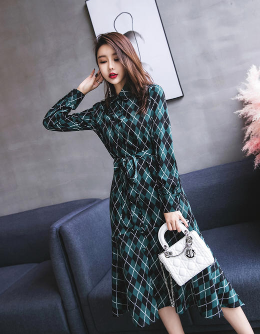 2018新款韩国复古气质显瘦收腰系带菱格长袖连衣裙长裙GZHY-A532A8803 商品图3