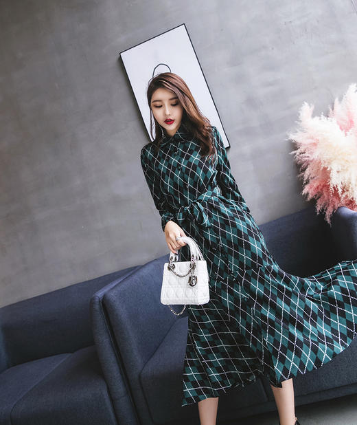 2018新款韩国复古气质显瘦收腰系带菱格长袖连衣裙长裙GZHY-A532A8803 商品图2