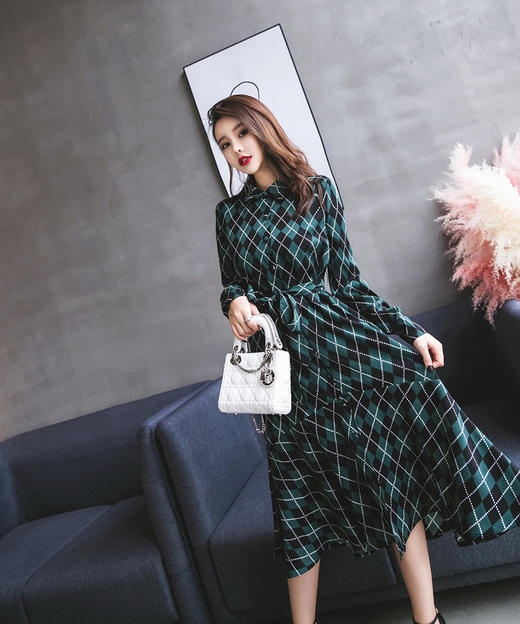 2018新款韩国复古气质显瘦收腰系带菱格长袖连衣裙长裙GZHY-A532A8803 商品图0