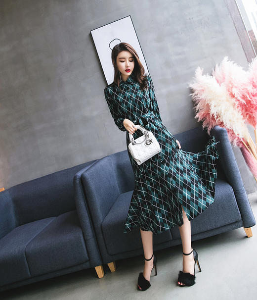 2018新款韩国复古气质显瘦收腰系带菱格长袖连衣裙长裙GZHY-A532A8803 商品图1