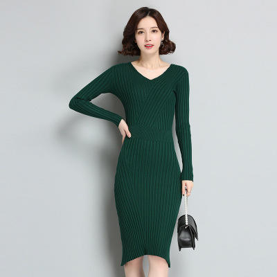 N ZX1808 新款修身毛衣女V领针织连衣裙 商品图1