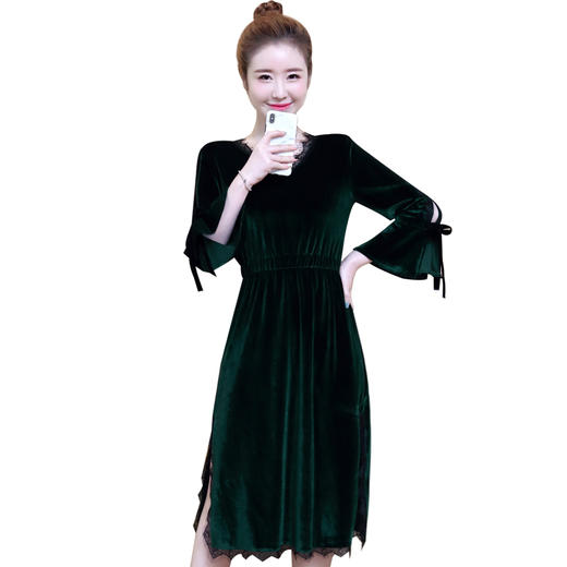 2018春装新韩版修身中长款V领连衣裙蕾丝花边开叉裙子GZHY-B60E96056 商品图4