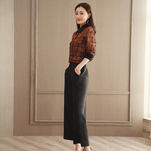 2018春装新款韩版时尚格子衬衫 阔腿裤时尚套装GZHY-C133C76956 商品图2