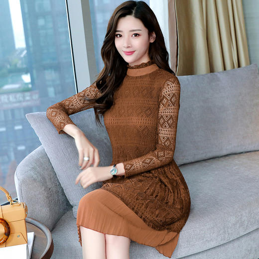 2018春季新款长袖蕾丝连衣裙女百褶裙中裙gzhya925a5842