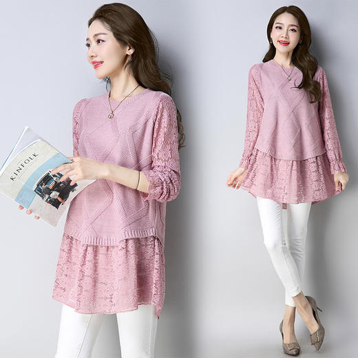 （4.18下架）韩版时尚中长款针织蕾丝假两件打底衫LZ18001 商品图0