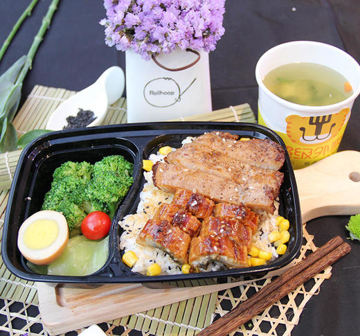 喇叭花1000ml黑色一次性双格便当盒6828饭盒餐盒两格打包盒带盖50套 商品图0