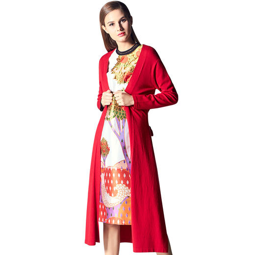 1E6812-红色绒毛衣女中长款开衫-太阳的圣树--《智慧之光--波斯艺术》 商品图0