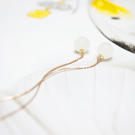 18k玫瑰金和田玉（白玉）玉珠S耳线-初遇 商品图1