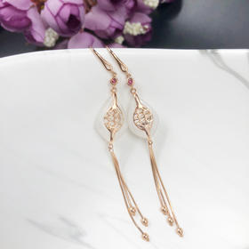 18K玫瑰金和田玉（白玉）耳饰-镂空流苏耳环 12*18mm/总长80mm