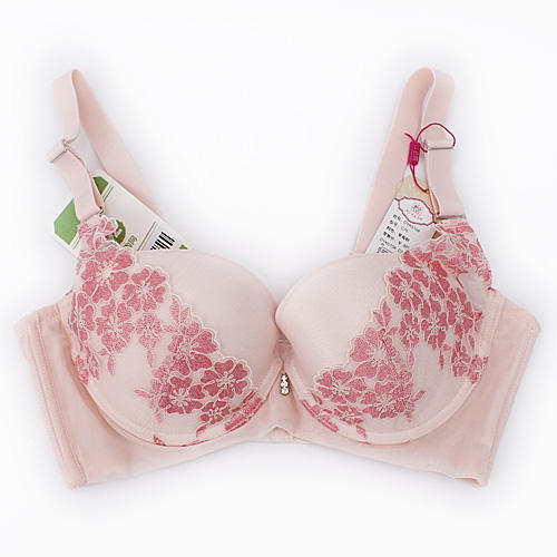 75c草莓粉性感深v聚拢刺绣文胸调整型收副乳胸罩a15