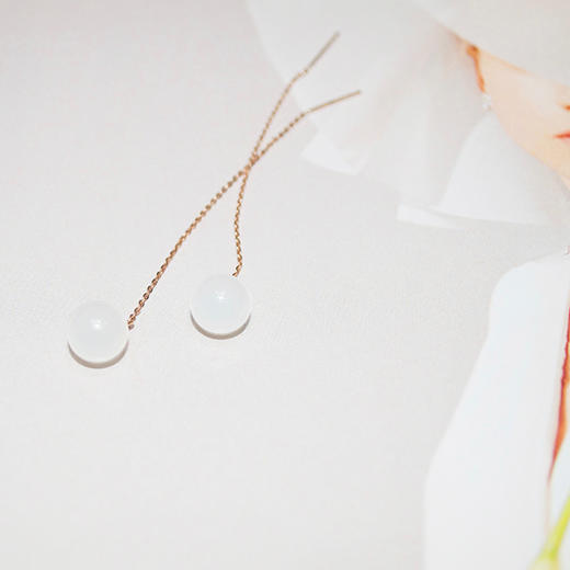 18k玫瑰金和田玉（白玉）玉珠耳线-初遇 8mm/总长70mm 商品图2