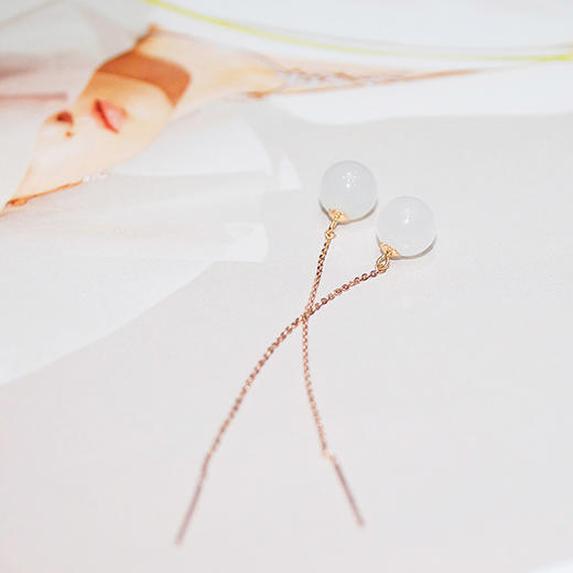 18k玫瑰金和田玉（白玉）玉珠耳线-初遇 8mm/总长70mm 商品图3