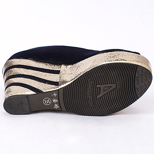 35码鱼嘴坡跟藏青色厚底防水台松糕鞋