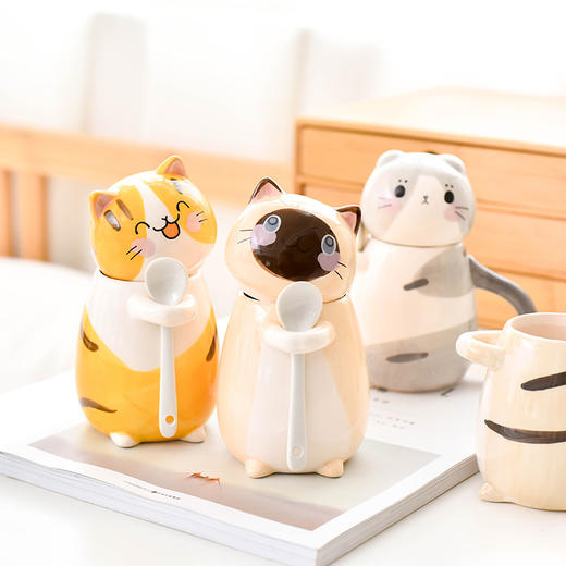 卡通可爱猫咪造型陶瓷杯创意带盖勺水杯马克杯情侣杯萌物小杯子