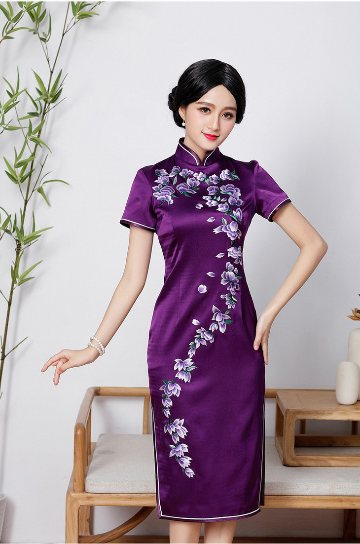 定制新款紫色改良时尚真丝中长款旗袍