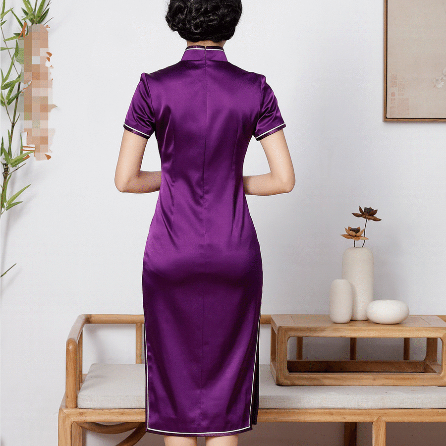 定制新款紫色改良时尚真丝中长款旗袍