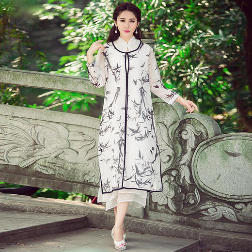 （下架9.3）中国风水墨印花真丝麻两件套连衣裙YMF6090 商品图1