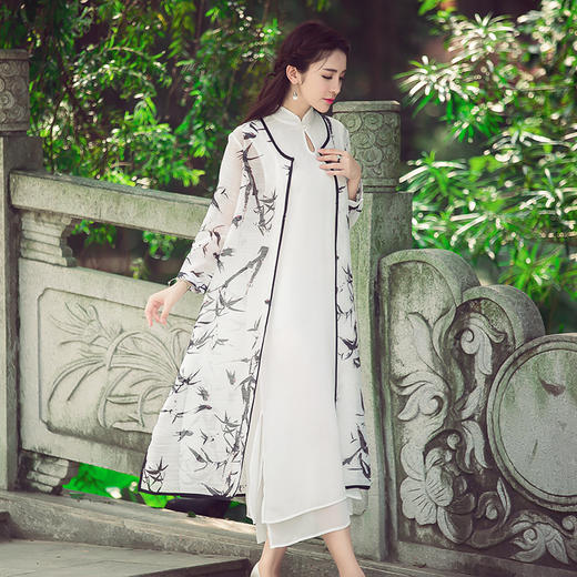 （下架9.3）中国风水墨印花真丝麻两件套连衣裙YMF6090 商品图4