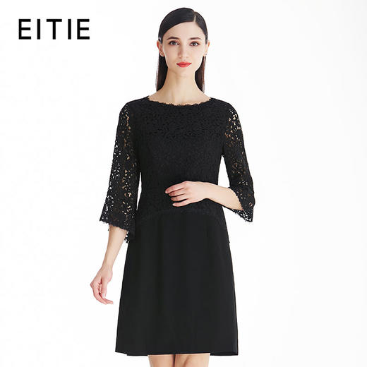 EITIE爱特爱女装秋季新品七分袖蕾丝镂空拼接优雅连衣裙中裙5707402 商品图2