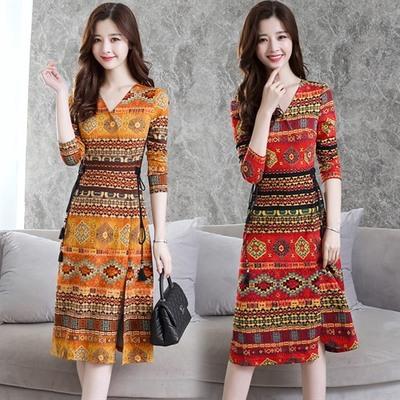 AL YZX5378   A字裙单件套头V领花色连衣裙 商品图1