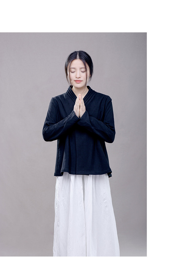 清水设计丨玄色自制改良汉服v领全棉唐装短装上衣禅茶服女