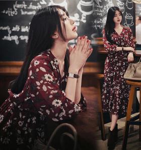 【服饰鞋包】秋装新款加肥加大码碎花雪纺连衣裙女胖妹妹收腰显瘦长裙爆款