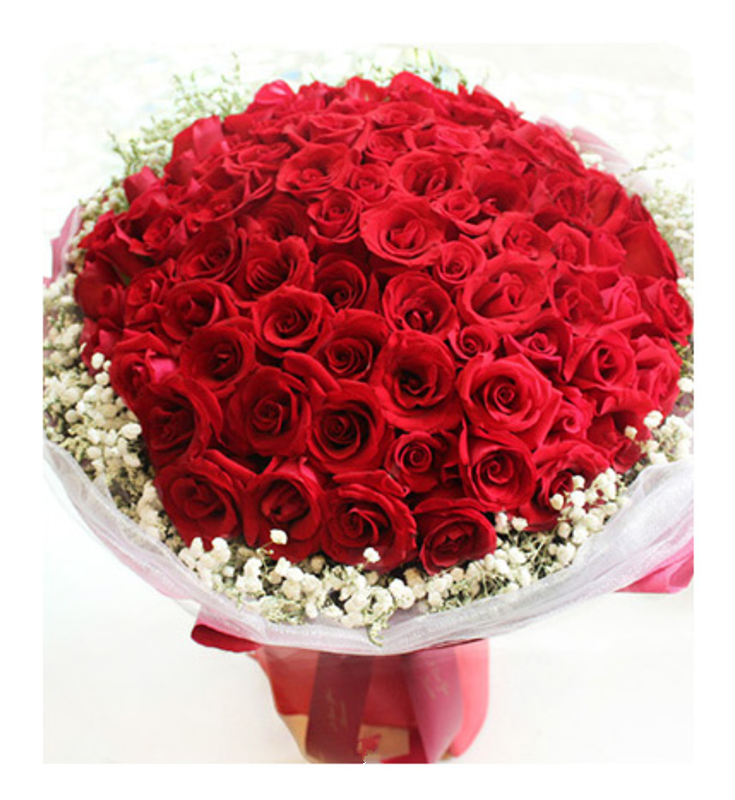 LOVE 99---99枝精品红玫瑰花束，满天星围绕。 里层：网纱多层围绕（1035），外层：红色纸包装，红色缎带花结