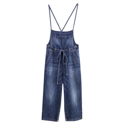 茵曼2018夏装新款全棉休闲磨白减龄交叉吊带牛仔背带裤七分裤女裤