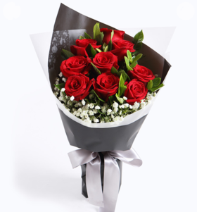 爱情花火---红玫瑰9枝，搭配栀子叶、满天星适量 内层白色雾面纸，外层黑色雾面纸（1056）