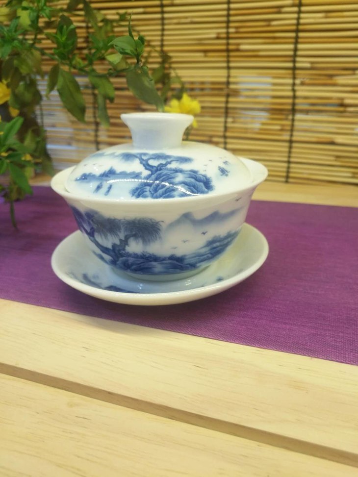 山水盖碗 青花瓷 三才碗 冲茶器 景德镇制