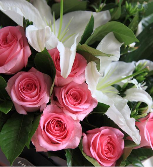 柔情蜜意--11枝戴安娜粉玫瑰，白百合2枝，白色相思梅5枝，栀子叶0.5扎 浅紫香芋紫人造纸2张，米白色缎带1.5米(1077) 商品图2