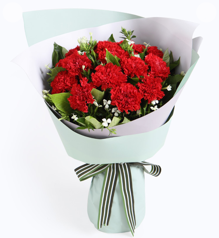 好想你---红色康乃馨12枝，白色相思梅2枝，栀子叶0.5扎 内层浅紫/香芋紫人造双面纸，外层蓝色绿色双色人造纸，白绿色粗罗纹带（1208）